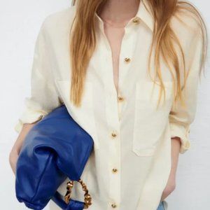 ZARA Ecru Silk Effect Roll Up Sleeves Button Down Shirt